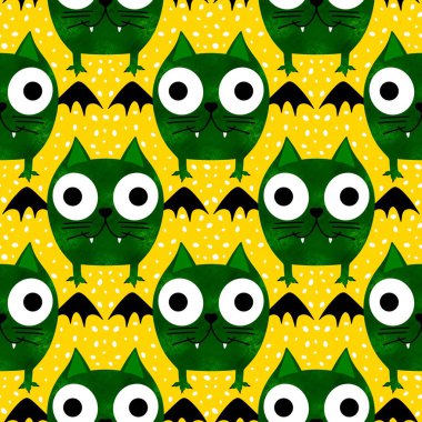 Cadılar Bayramı hayvanları kağıt, kumaş, çarşaf ve çocuk kıyafetleri ve parti aksesuarları için kusursuz kedi desenleri. Yüksek kaliteli illüstrasyon