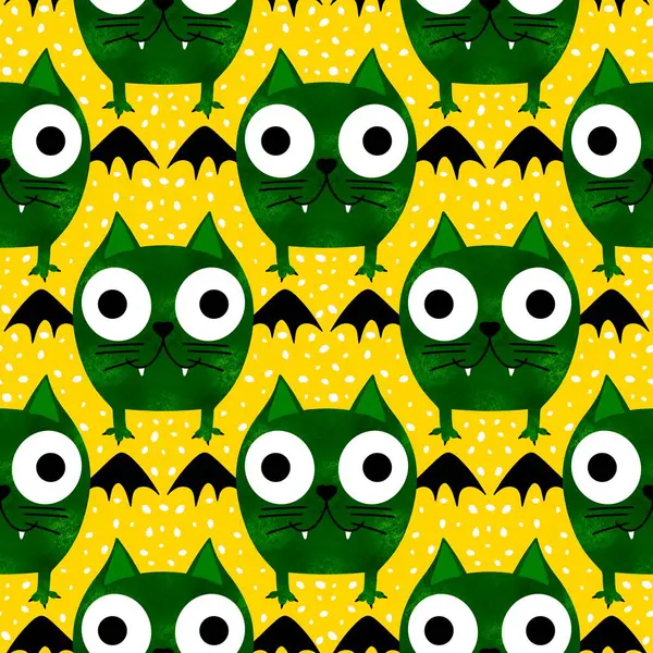 Cadılar Bayramı hayvanları kağıt, kumaş, çarşaf ve çocuk kıyafetleri ve parti aksesuarları için kusursuz kedi desenleri. Yüksek kaliteli illüstrasyon