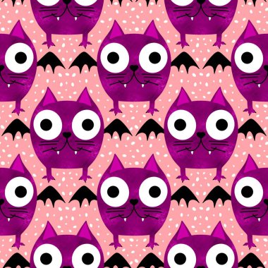 Cadılar Bayramı hayvanları kağıt, kumaş, çarşaf ve çocuk kıyafetleri ve parti aksesuarları için kusursuz kedi desenleri. Yüksek kaliteli illüstrasyon