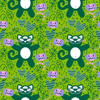 Cadılar Bayramı hayvanları kağıt, kumaş, çarşaf ve çocuk kıyafetleri ve parti aksesuarları için kusursuz kedi desenleri. Yüksek kaliteli illüstrasyon