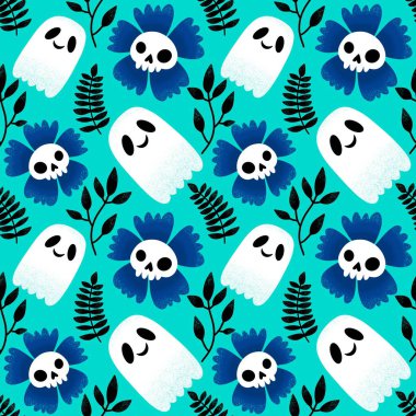 Cadılar Bayramı hayaletleri kağıt, kumaş, çarşaf ve çocuk giysileri baskısı, ambalaj ve şenlikli aksesuarlar için kusursuz çizgi film desenleri. Yüksek kaliteli illüstrasyon