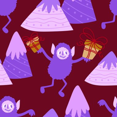 Kış canavarları, kağıt, kumaş, çarşaf ve çocuk giysileri baskısı ve yeni yıl ambalajı için kusursuz Noel Yeti desenleri. Yüksek kaliteli illüstrasyon