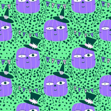 Sonbahar hasadı sebzesiz canavar Cadılar Bayramı balkabağı desenli kağıt, kumaş ve çocuk giysileri baskısı, şenlikli ambalaj ve aksesuarlar. Yüksek kaliteli illüstrasyon