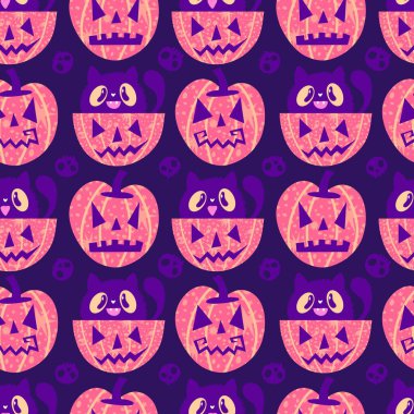 Cadılar Bayramı hayvanları kağıt, kumaş, çarşaf ve çocuk kıyafetleri ve parti aksesuarları için kusursuz kedi desenleri. Yüksek kaliteli illüstrasyon