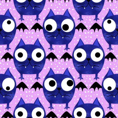 Cadılar Bayramı hayvanları kağıt, kumaş, çarşaf ve çocuk kıyafetleri ve parti aksesuarları için kusursuz kedi desenleri. Yüksek kaliteli illüstrasyon