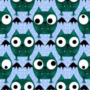 Cadılar Bayramı hayvanları kağıt, kumaş, çarşaf ve çocuk kıyafetleri ve parti aksesuarları için kusursuz kedi desenleri. Yüksek kaliteli illüstrasyon