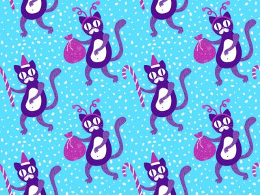 Çizgi filmlerdeki komik kediler ambalajsız Noel desenleri ve çocuk giysileri baskısı ve şenlikli ambalajlar ve kumaşlar ve çarşaflar ve yeni yıl ve Noel. Yüksek kaliteli illüstrasyon