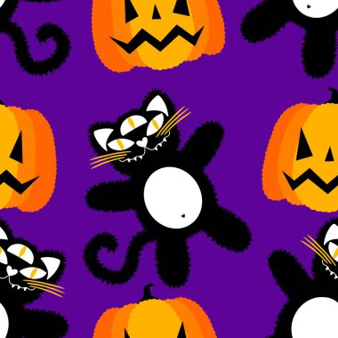 Cadılar Bayramı hayvanları kağıt, kumaş, çarşaf ve çocuk kıyafetleri ve parti aksesuarları için kusursuz kedi desenleri. Yüksek kaliteli illüstrasyon