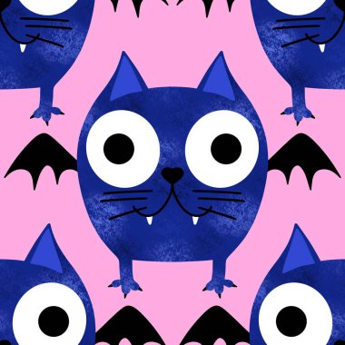 Cadılar Bayramı hayvanları kağıt, kumaş, çarşaf ve çocuk kıyafetleri ve parti aksesuarları için kusursuz kedi desenleri. Yüksek kaliteli illüstrasyon