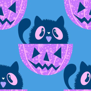 Cadılar Bayramı hayvanları kağıt, kumaş, çarşaf ve çocuk kıyafetleri ve parti aksesuarları için kusursuz kedi desenleri. Yüksek kaliteli illüstrasyon