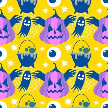 Sonbahar hasadı sebzesiz canavar Cadılar Bayramı balkabağı desenli kağıt, kumaş ve çocuk giysileri baskısı, şenlikli ambalaj ve aksesuarlar. Yüksek kaliteli illüstrasyon
