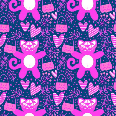 Cadılar Bayramı hayvanları kağıt, kumaş, çarşaf ve çocuk kıyafetleri ve parti aksesuarları için kusursuz kedi desenleri. Yüksek kaliteli illüstrasyon