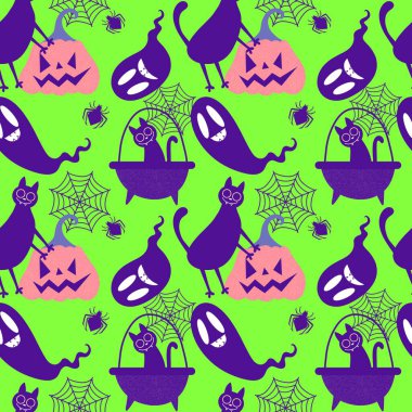 Cadılar Bayramı hayvanları kağıt, kumaş, çarşaf ve çocuk kıyafetleri ve parti aksesuarları için kusursuz kedi desenleri. Yüksek kaliteli illüstrasyon