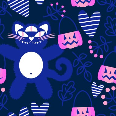 Cadılar Bayramı hayvanları kağıt, kumaş, çarşaf ve çocuk kıyafetleri ve parti aksesuarları için kusursuz kedi desenleri. Yüksek kaliteli illüstrasyon