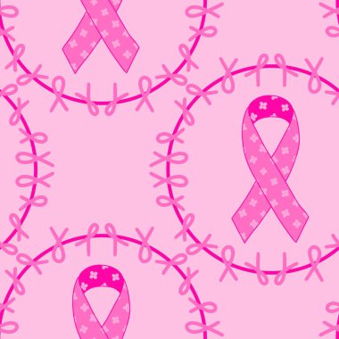Göğüs kanseri ayı, ambalaj kağıdı, tıbbi aksesuar ve ilaç tekstili için kusursuz pembe kurdele günü deseni. Yüksek kaliteli illüstrasyon