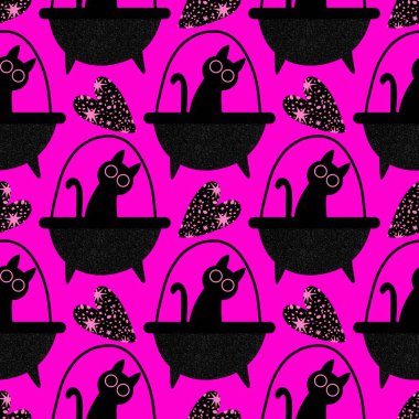 Cadılar Bayramı hayvanları kağıt, kumaş, çarşaf ve çocuk kıyafetleri ve parti aksesuarları için kusursuz kedi desenleri. Yüksek kaliteli illüstrasyon