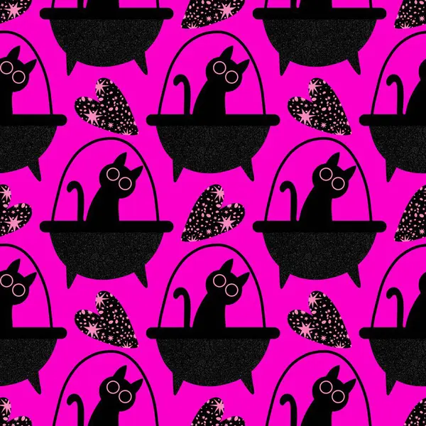 Cadılar Bayramı hayvanları kağıt, kumaş, çarşaf ve çocuk kıyafetleri ve parti aksesuarları için kusursuz kedi desenleri. Yüksek kaliteli illüstrasyon