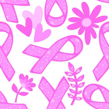 Göğüs kanseri ayı, ambalaj kağıdı, tıbbi aksesuar ve ilaç tekstili için kusursuz pembe kurdele günü deseni. Yüksek kaliteli illüstrasyon