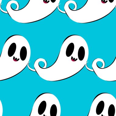 Cadılar Bayramı hayaletleri kağıt, kumaş, çarşaf ve çocuk giysileri baskısı, ambalaj ve şenlikli aksesuarlar için kusursuz çizgi film desenleri. Yüksek kaliteli illüstrasyon