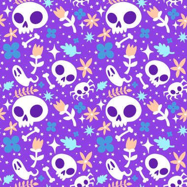 Cadılar Bayramı hayaletleri kağıt, kumaş, çarşaf ve çocuk giysileri baskısı, ambalaj ve şenlikli aksesuarlar için kusursuz çizgi film desenleri. Yüksek kaliteli illüstrasyon