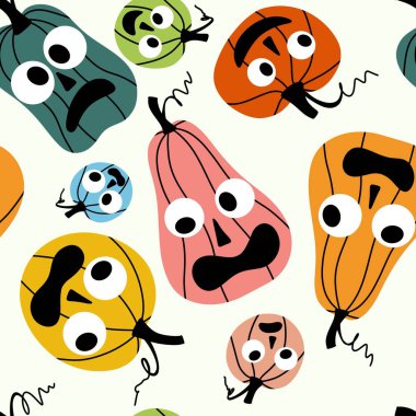 Sonbahar hasadı sebzesiz canavar Cadılar Bayramı balkabağı desenli kağıt, kumaş ve çocuk giysileri baskısı, şenlikli ambalaj ve aksesuarlar. Yüksek kaliteli illüstrasyon