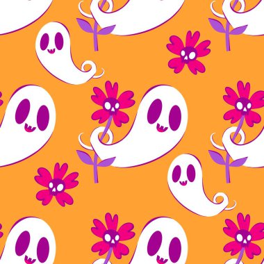 Cadılar Bayramı hayaletleri kağıt, kumaş, çarşaf ve çocuk giysileri baskısı, ambalaj ve şenlikli aksesuarlar için kusursuz çizgi film desenleri. Yüksek kaliteli illüstrasyon