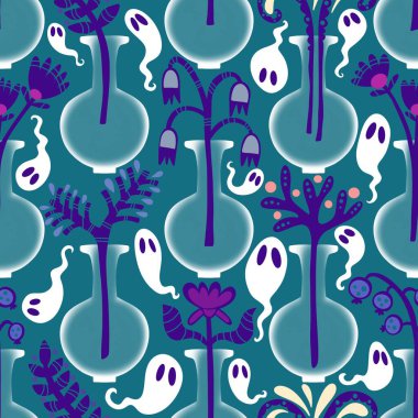 Cadılar Bayramı hayaletleri kağıt, kumaş, çarşaf ve çocuk giysileri baskısı, ambalaj ve şenlikli aksesuarlar için kusursuz çizgi film desenleri. Yüksek kaliteli illüstrasyon