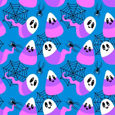 Çizgi film cadılar bayramı şeker canavarları kağıt, kumaş, çarşaf ve çocuk giysileri baskısı ve parti aksesuarları ve paketleme için kusursuz şekerleme kalıpları. Yüksek kaliteli illüstrasyon