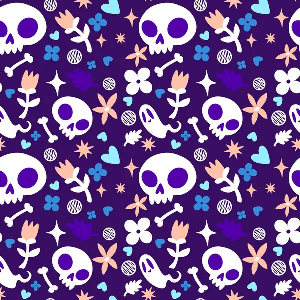 Cadılar Bayramı hayaletleri kağıt, kumaş, çarşaf ve çocuk giysileri baskısı, ambalaj ve şenlikli aksesuarlar için kusursuz çizgi film desenleri. Yüksek kaliteli illüstrasyon