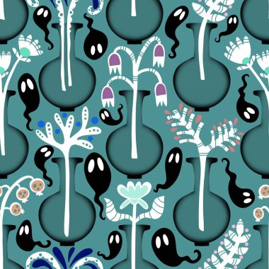 Cadılar Bayramı hayaletleri kağıt, kumaş, çarşaf ve çocuk giysileri baskısı, ambalaj ve şenlikli aksesuarlar için kusursuz çizgi film desenleri. Yüksek kaliteli illüstrasyon