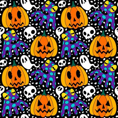 Sonbahar hasadı sebzesiz canavar Cadılar Bayramı balkabağı desenli kağıt, kumaş ve çocuk giysileri baskısı, şenlikli ambalaj ve aksesuarlar. Yüksek kaliteli illüstrasyon