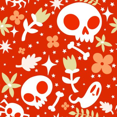 Cadılar Bayramı hayaletleri kağıt, kumaş, çarşaf ve çocuk giysileri baskısı, ambalaj ve şenlikli aksesuarlar için kusursuz çizgi film desenleri. Yüksek kaliteli illüstrasyon