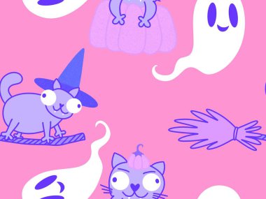 Cadılar Bayramı hayvanları kağıt, kumaş, çarşaf ve çocuk kıyafetleri ve parti aksesuarları için kusursuz kedi desenleri. Yüksek kaliteli illüstrasyon