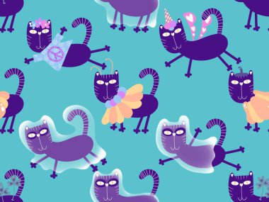 Cadılar Bayramı hayvanları kağıt, kumaş, çarşaf ve çocuk kıyafetleri ve parti aksesuarları için kusursuz kedi desenleri. Yüksek kaliteli illüstrasyon