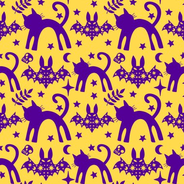 Cadılar Bayramı hayvanları kağıt, kumaş, çarşaf ve çocuk kıyafetleri ve parti aksesuarları için kusursuz kedi desenleri. Yüksek kaliteli illüstrasyon