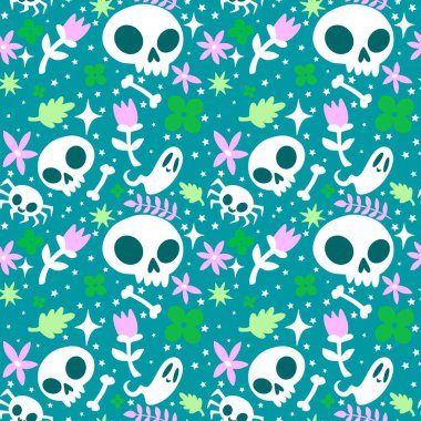 Cadılar Bayramı hayaletleri kağıt, kumaş, çarşaf ve çocuk giysileri baskısı, ambalaj ve şenlikli aksesuarlar için kusursuz çizgi film desenleri. Yüksek kaliteli illüstrasyon