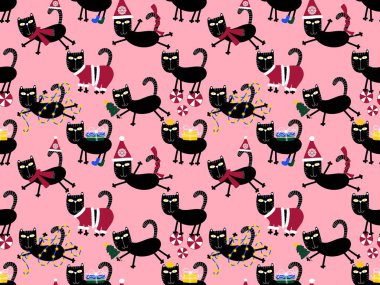 Çizgi filmlerdeki komik kediler ambalajsız Noel desenleri ve çocuk giysileri baskısı ve şenlikli ambalajlar ve kumaşlar ve çarşaflar ve yeni yıl ve Noel. Yüksek kaliteli illüstrasyon