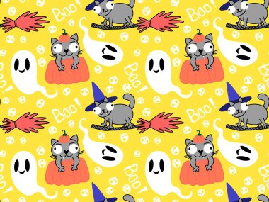 Cadılar Bayramı hayvanları kağıt, kumaş, çarşaf ve çocuk kıyafetleri ve parti aksesuarları için kusursuz kedi desenleri. Yüksek kaliteli illüstrasyon