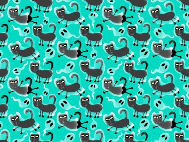 Cadılar Bayramı hayvanları kağıt, kumaş, çarşaf ve çocuk kıyafetleri ve parti aksesuarları için kusursuz kedi desenleri. Yüksek kaliteli illüstrasyon