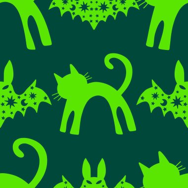 Cadılar Bayramı hayvanları kağıt, kumaş, çarşaf ve çocuk kıyafetleri ve parti aksesuarları için kusursuz kedi desenleri. Yüksek kaliteli illüstrasyon