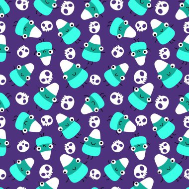 Çizgi film cadılar bayramı şeker canavarları kağıt, kumaş, çarşaf ve çocuk giysileri baskısı ve parti aksesuarları ve paketleme için kusursuz şekerleme kalıpları. Yüksek kaliteli illüstrasyon