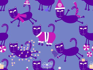 Çizgi filmlerdeki komik kediler ambalajsız Noel desenleri ve çocuk giysileri baskısı ve şenlikli ambalajlar ve kumaşlar ve çarşaflar ve yeni yıl ve Noel. Yüksek kaliteli illüstrasyon