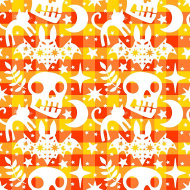 Cadılar Bayramı hayvanları kağıt, kumaş, çarşaf ve çocuk kıyafetleri ve parti aksesuarları için kusursuz kedi desenleri. Yüksek kaliteli illüstrasyon