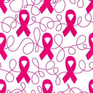 Göğüs kanseri ayı, ambalaj kağıdı, tıbbi aksesuar ve ilaç tekstili için kusursuz pembe kurdele günü deseni. Yüksek kaliteli illüstrasyon