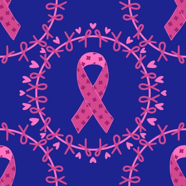 Göğüs kanseri ayı, ambalaj kağıdı, tıbbi aksesuar ve ilaç tekstili için kusursuz pembe kurdele günü deseni. Yüksek kaliteli illüstrasyon