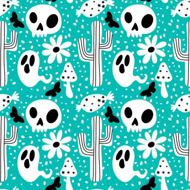 Cadılar Bayramı hayaletleri kağıt, kumaş, çarşaf ve çocuk giysileri baskısı, ambalaj ve şenlikli aksesuarlar için kusursuz çizgi film desenleri. Yüksek kaliteli illüstrasyon