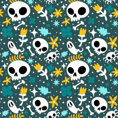 Cadılar Bayramı hayaletleri kağıt, kumaş, çarşaf ve çocuk giysileri baskısı, ambalaj ve şenlikli aksesuarlar için kusursuz çizgi film desenleri. Yüksek kaliteli illüstrasyon