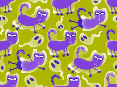 Cadılar Bayramı hayvanları kağıt, kumaş, çarşaf ve çocuk kıyafetleri ve parti aksesuarları için kusursuz kedi desenleri. Yüksek kaliteli illüstrasyon