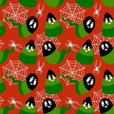 Çizgi film cadılar bayramı şeker canavarları kağıt, kumaş, çarşaf ve çocuk giysileri baskısı ve parti aksesuarları ve paketleme için kusursuz şekerleme kalıpları. Yüksek kaliteli illüstrasyon