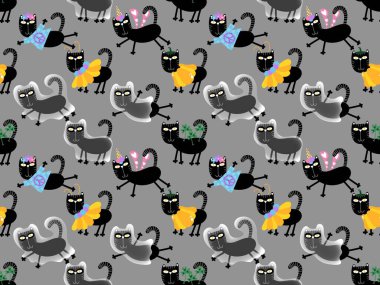 Cadılar Bayramı hayvanları kağıt, kumaş, çarşaf ve çocuk kıyafetleri ve parti aksesuarları için kusursuz kedi desenleri. Yüksek kaliteli illüstrasyon